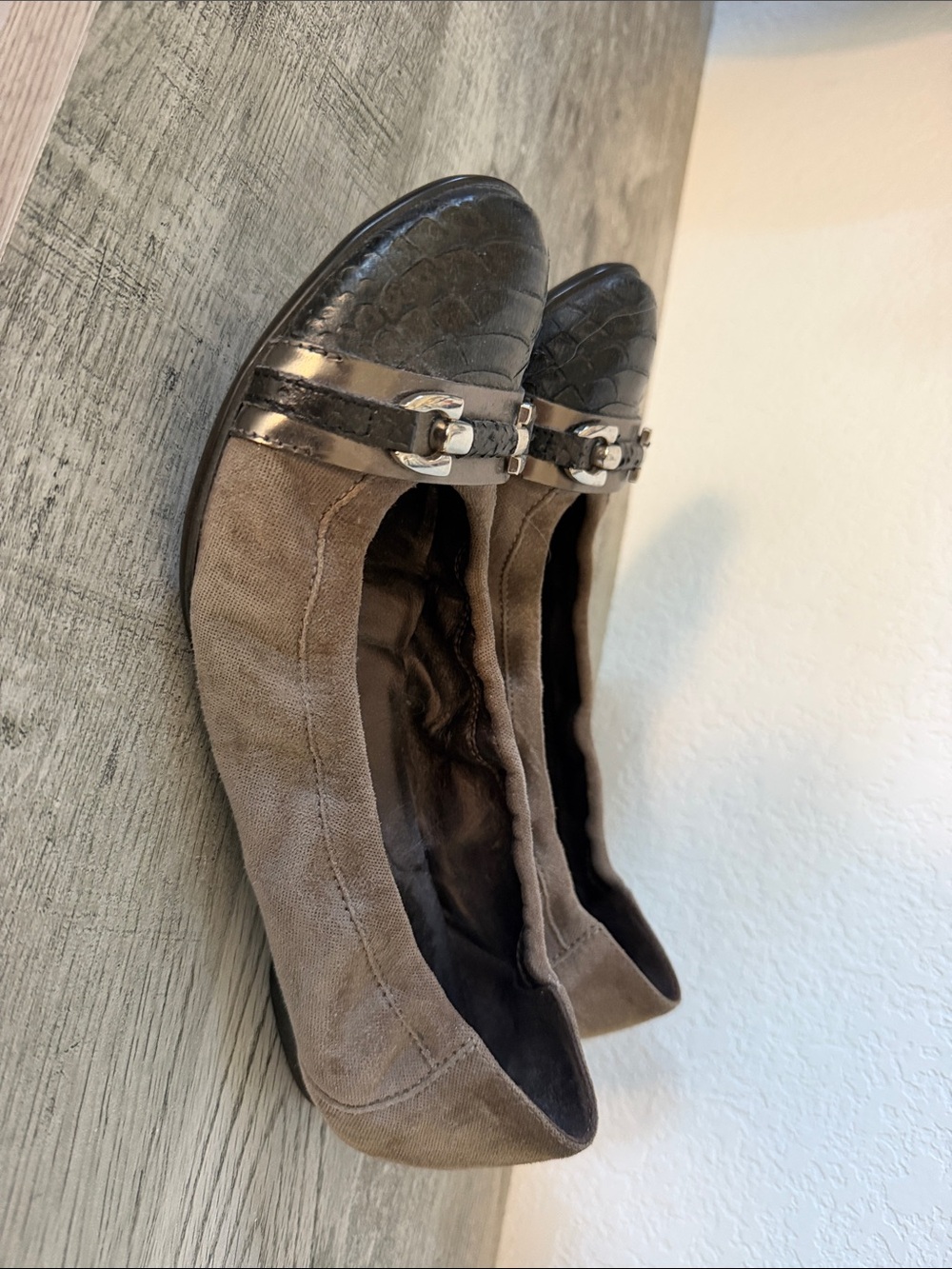 Agl Taupe Suede Flats with Black Croc-Embossed Toe and Silver Buckle